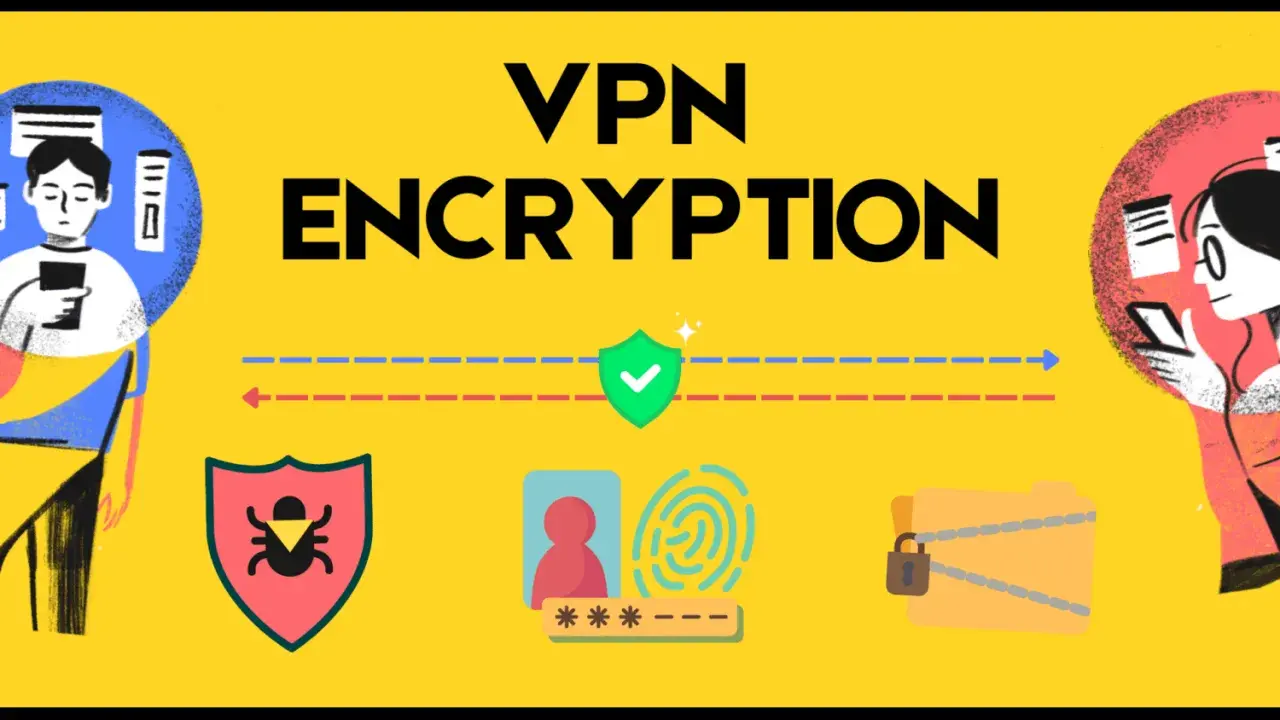 Illustration sur la sécurité en ligne : un homme et une femme sur leurs téléphones, symboles de protection, d'empreintes digitales et de dossiers verrouillés. Le **vpn chiffrement** assure la confidentialité.