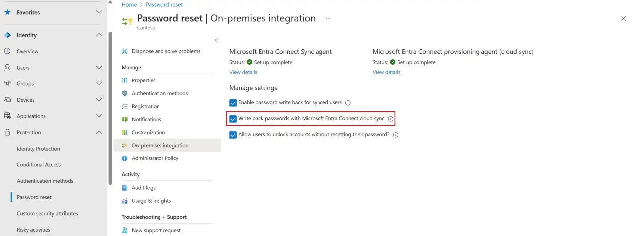 Paramètres de réinitialisation de mot de passe Azure AD : activation de la synchronisation des mots de passe avec Microsoft Entra Connect cloud sync.