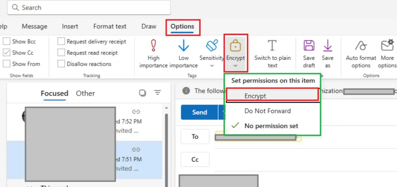 Menu Options d'Outlook, avec l'option "Encrypt" sélectionnée pour la protection des mails.