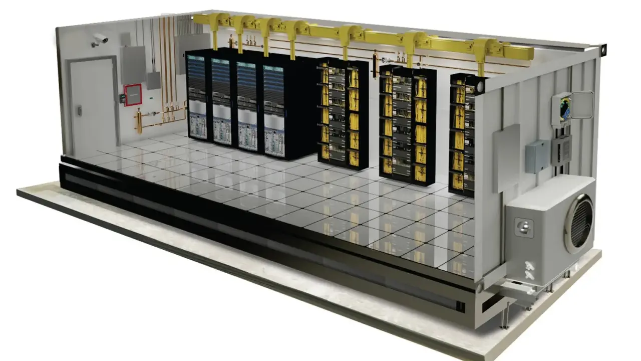 Vue en coupe d'un **data center extérieur** modulaire, avec des racks de serveurs, câblage jaune, système de climatisation et caméras de surveillance.