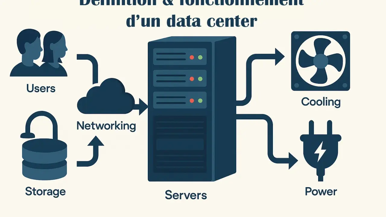 Schéma expliquant comment fonctionne un data center : les utilisateurs accèdent aux serveurs via le réseau, le stockage est sécurisé, le refroidissement maintient la température et l'alimentation électrique est essentielle.