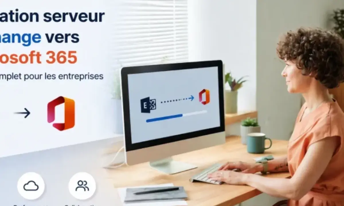Une femme travaille sur un ordinateur affichant une migration de serveur Exchange vers Microsoft 365. Icônes de performance et collaboration.