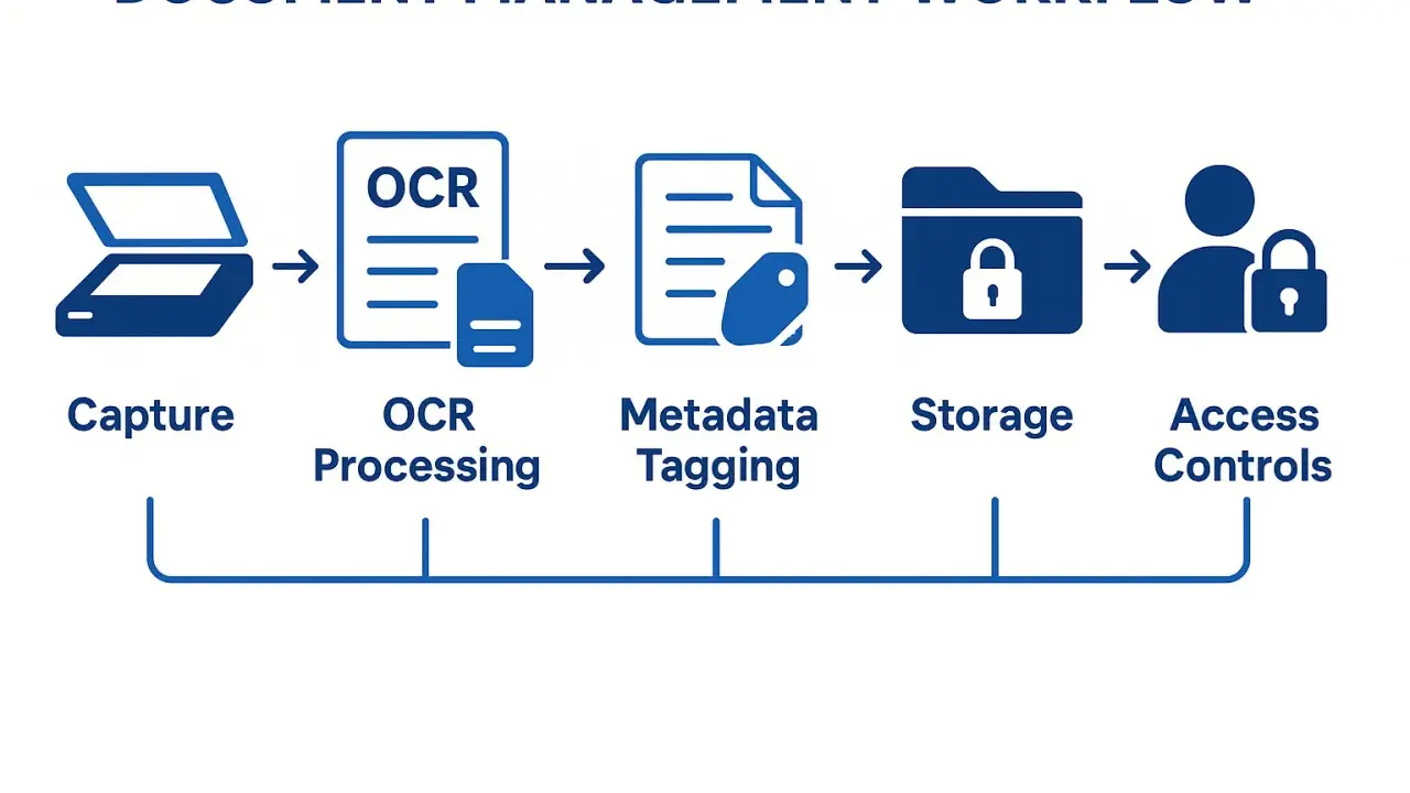 Flux de gestion documentaire : capture, traitement OCR, mise en place d'un index (métadonnées), stockage et contrôles d'accès.