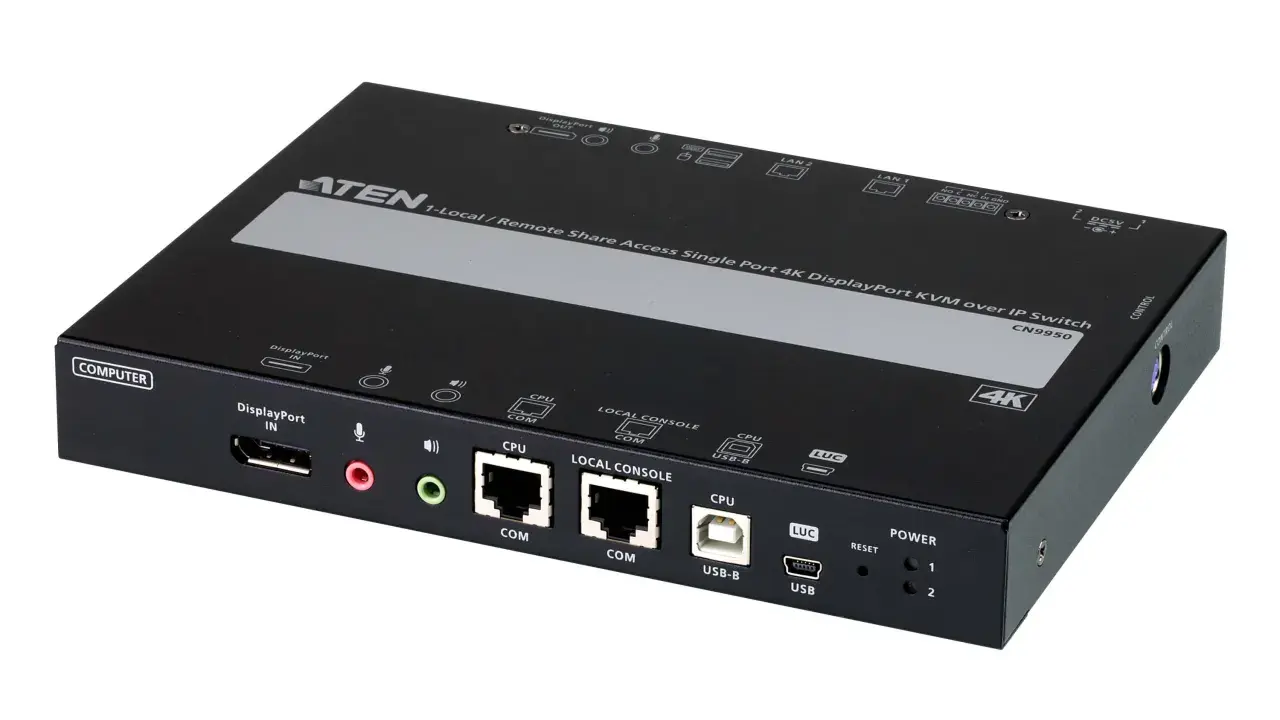 Appareil KVM réseau ATEN CN9950, un switch 4K DisplayPort pour accès local/distant. Il permet de gérer plusieurs ordinateurs via un seul poste.