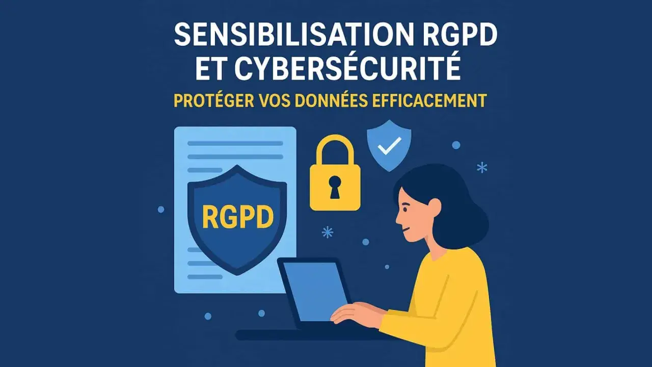Sensibilisation RGPD et cybersécurité : une définition pour protéger vos données. Icônes de cadenas, bouclier et personne sur ordinateur.