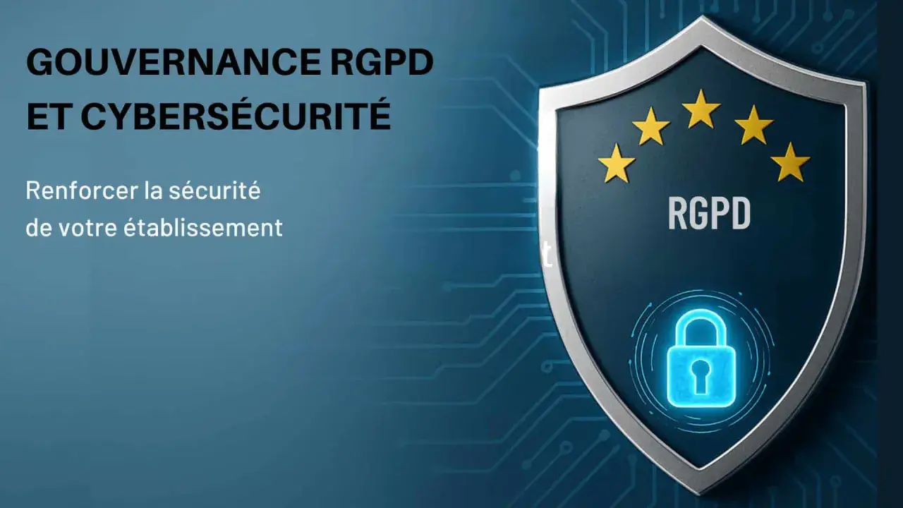 Gouvernance RGPD et cybersécurité : un bouclier symbolisant la protection des données en entreprise, avec un cadenas et les étoiles de l'UE.