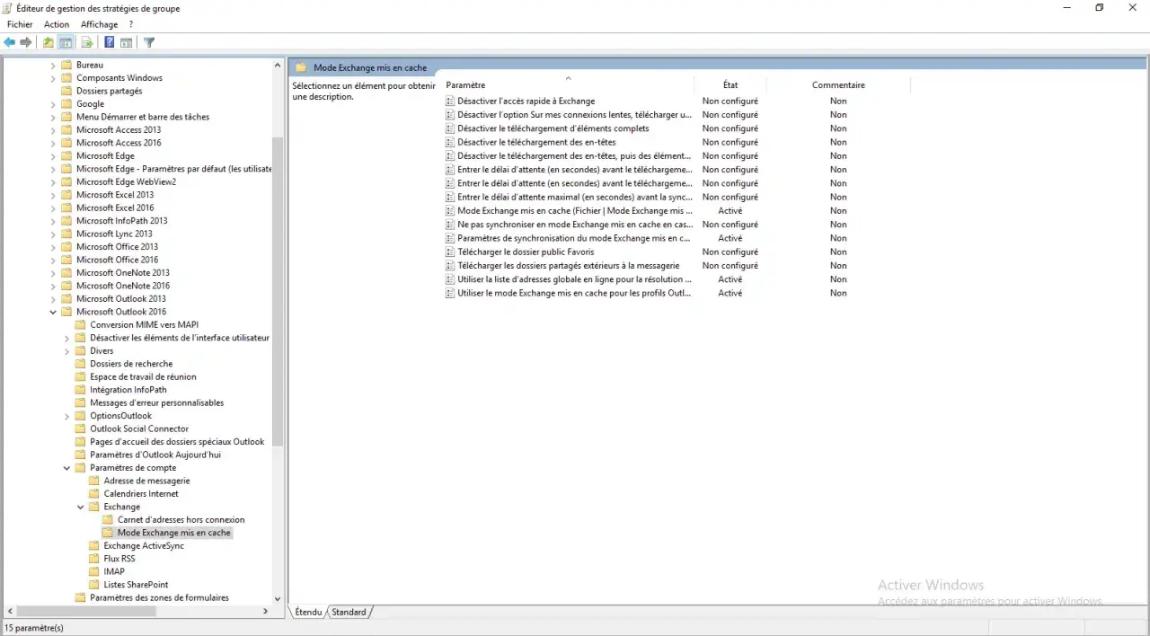 Éditeur de gestion des stratégies de groupe : Paramètres de compte > Exchange > Mode Exchange mis en cache. Les options de synchronisation sont actives ou non configurées.