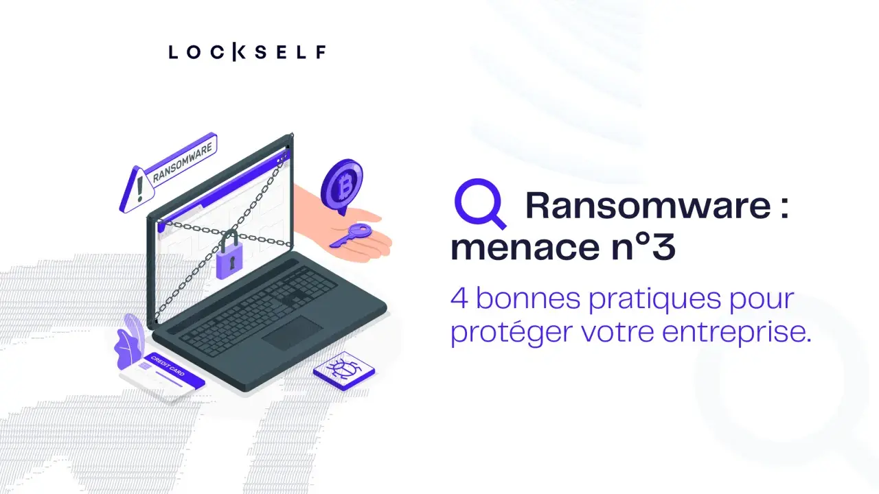 Un ordinateur portable cadenas, une clé et un symbole Bitcoin illustrent la menace du ransomware as a service. 4 bonnes pratiques pour protéger votre entreprise.
