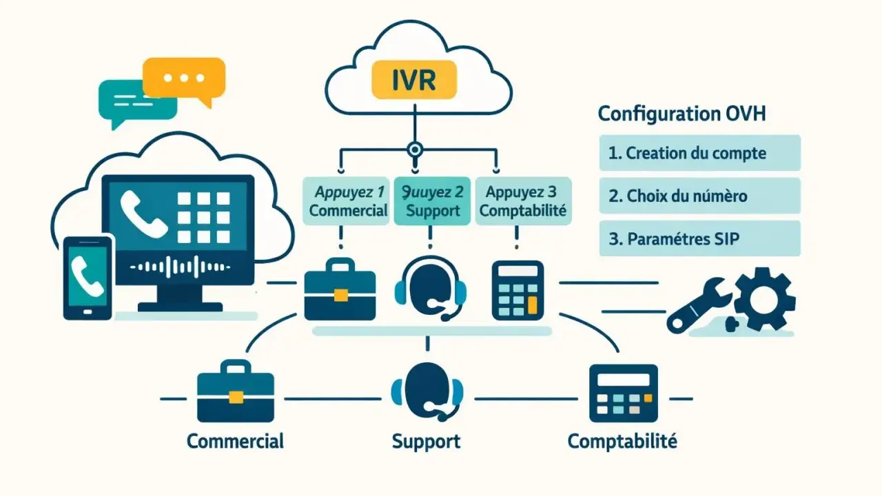 Schéma d'un système IVR OVH avec configuration SIP, gestion des appels commerciaux, support et comptabilité.