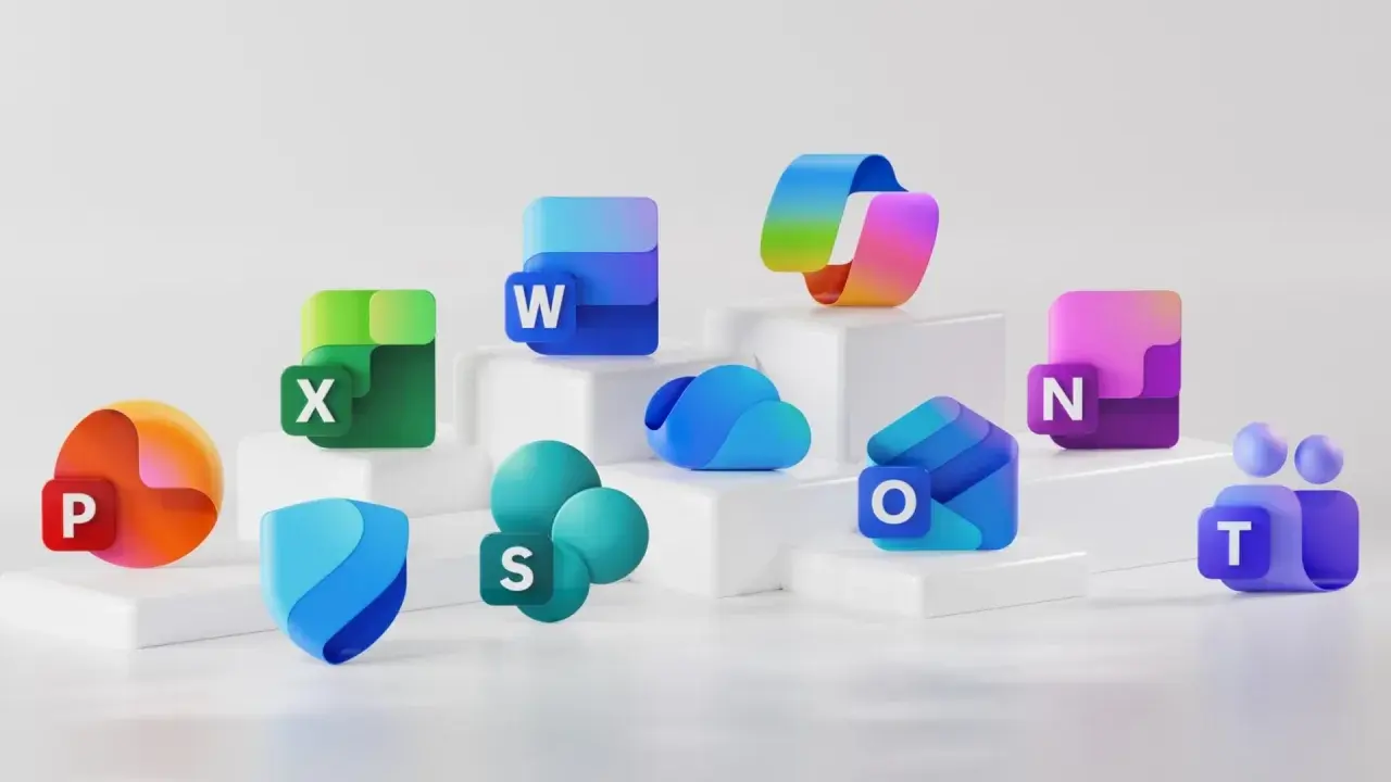 Icônes des applications Microsoft Office desktop : Word, Excel, PowerPoint, Outlook, Teams, OneDrive, SharePoint, OneNote.