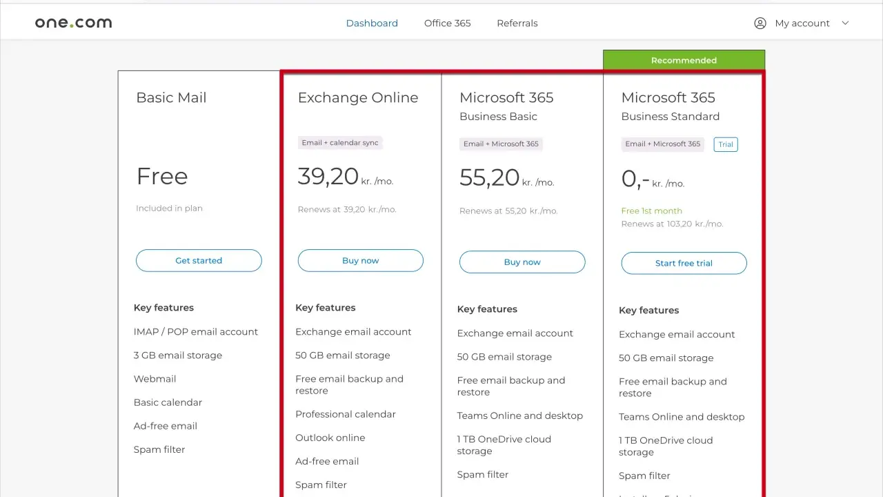 Comparatif des offres email : Basic Mail gratuit, Exchange Online à 39,20 kr./mois, et Microsoft 365 à partir de 0 kr. le 1er mois.