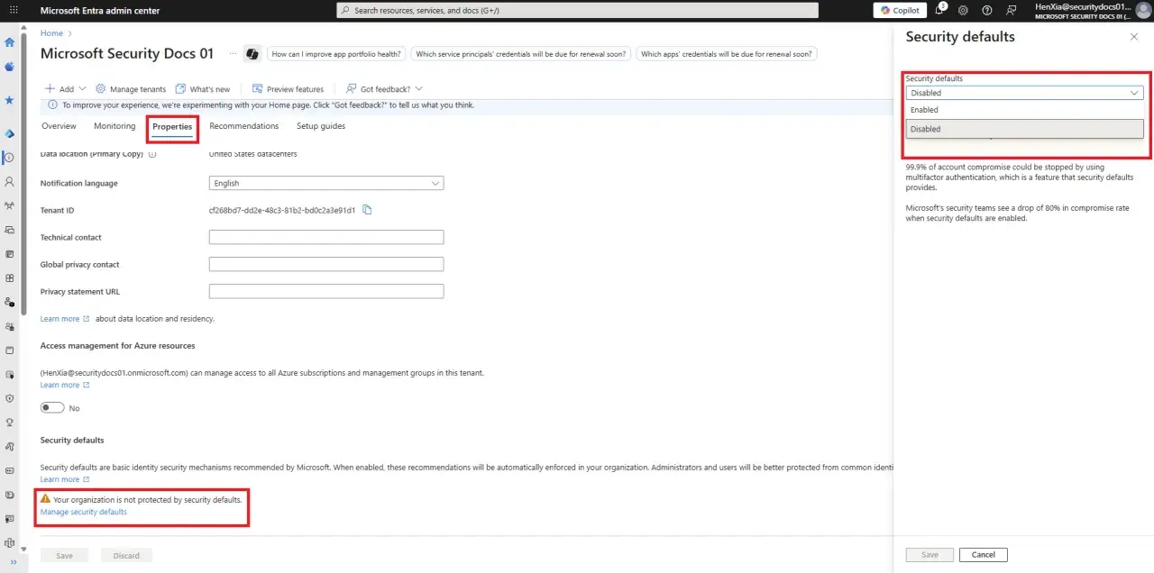 Paramètres de sécurité désactivés dans le centre d'administration Microsoft Entra. L'organisation n'est pas protégée par les paramètres de sécurité par défaut, qui incluent l'authentification multifacteur (MFA) pour Windows.