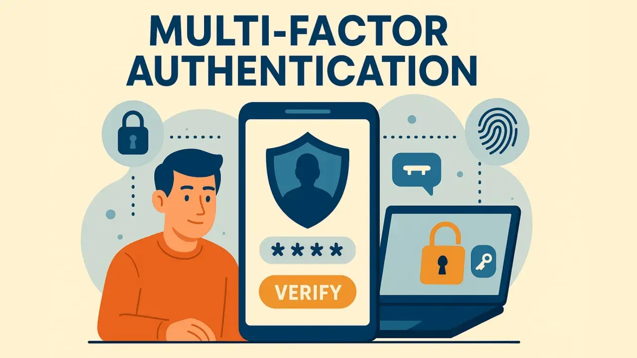 Illustration sur l'authentification multi-facteurs (MFA). Un homme, un smartphone affichant un code et un ordinateur portable avec un cadenas symbolisent la sécurité.