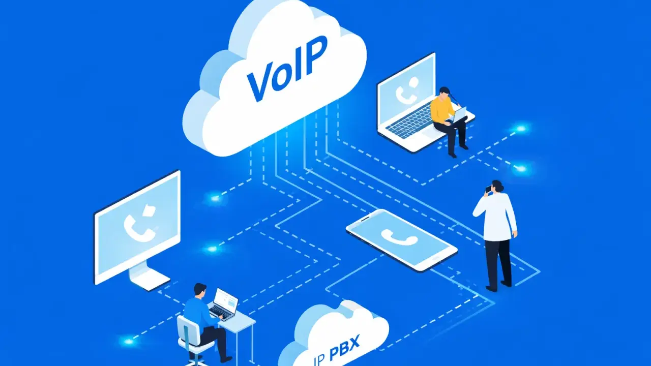 Illustration de la **voip définition** : des personnes communiquent via des appareils connectés au cloud, symbolisant la téléphonie sur IP.