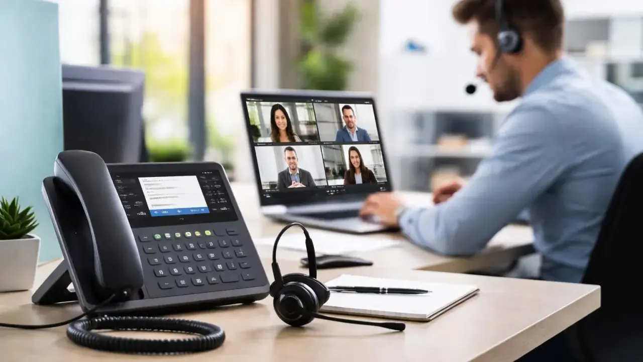 Un homme en casque participe à une visioconférence. Un téléphone IP et un ordinateur portable sont sur le bureau, illustrant la **PABX définition** pour la communication d'entreprise.