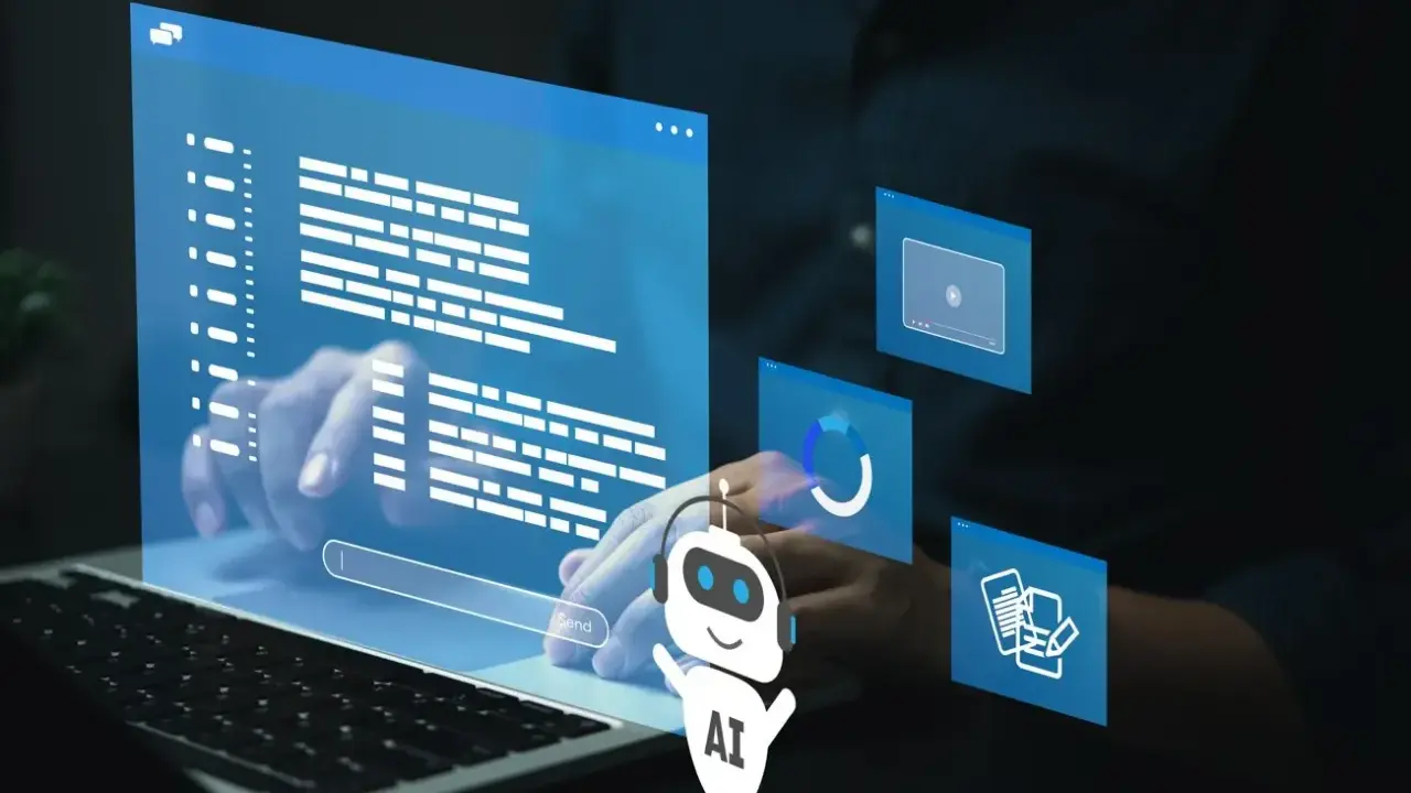 Un robot IA interagit avec des fenêtres d'interface utilisateur, symbolisant le **process robotic automation** et l'efficacité numérique.