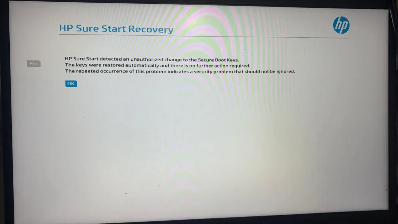 Écran de récupération HP Sure Start affichant un message de sécurité et le logo HP.