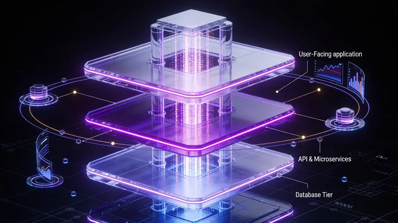 Architecture logicielle en couches, illustrant l'hébergement SaaS avec une application utilisateur, des microservices et une base de données.