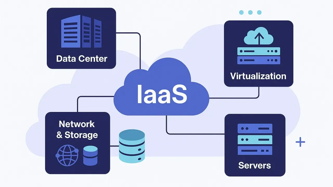 Diagramme illustrant l'IaaS : centre de données, réseau, stockage, virtualisation et serveurs. Un serveur internet est au cœur de ce système.