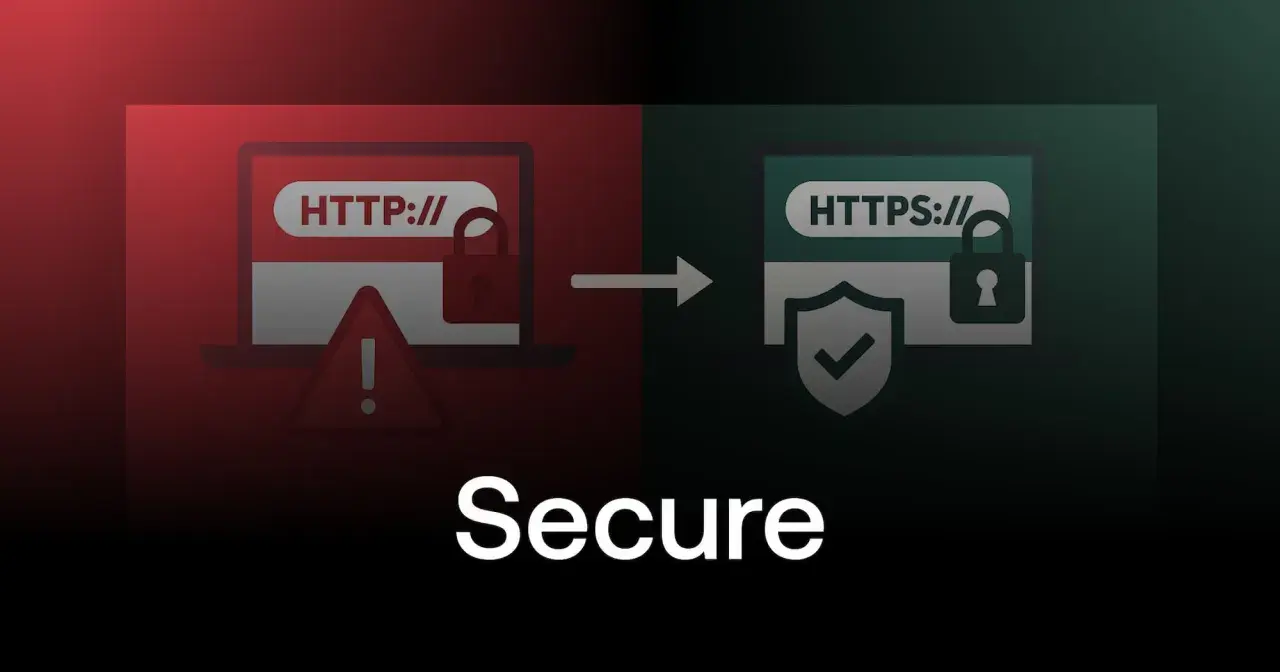 Transition d'un site HTTP non sécurisé vers HTTPS, symbolisant un audit sécurité web réussi. Icônes de cadenas, bouclier et alerte.