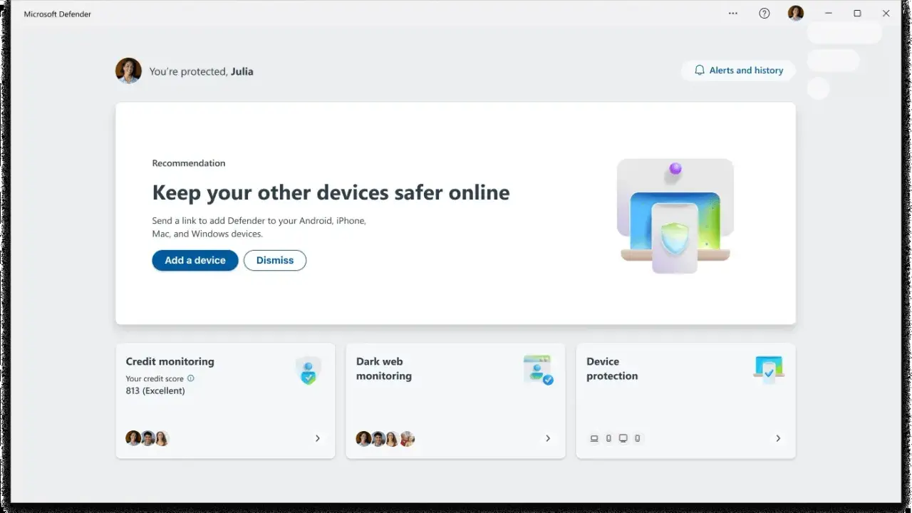 Interface de Microsoft Defender pour edr windows, avec une recommandation pour sécuriser d'autres appareils et des options de surveillance.