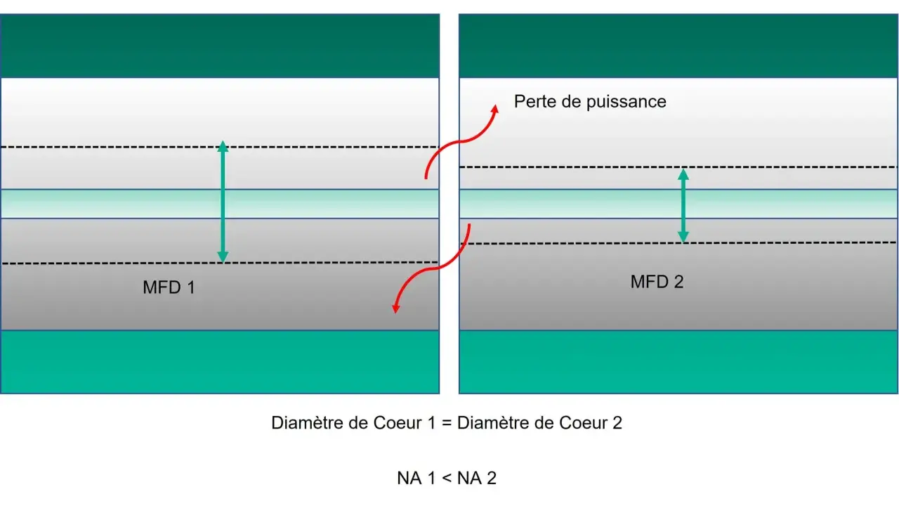 Comparaison de deux fibres optiques. Le diamètre de cœur est identique, mais la Fibre 2 subit une perte de puissance due à un MFD plus grand.