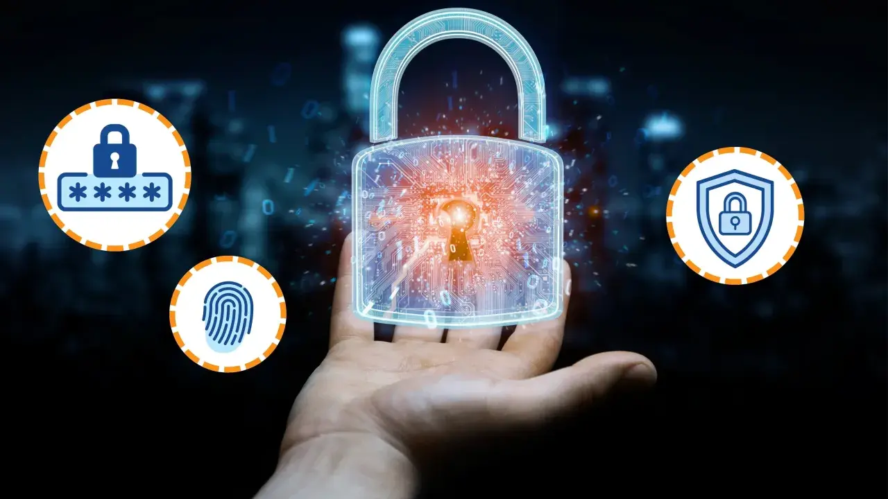 Main : Une main tient un cadenas numérique symbolisant la sécurité. Des icônes de mot de passe, d'empreinte digitale et de bouclier illustrent l'authentification MFA.