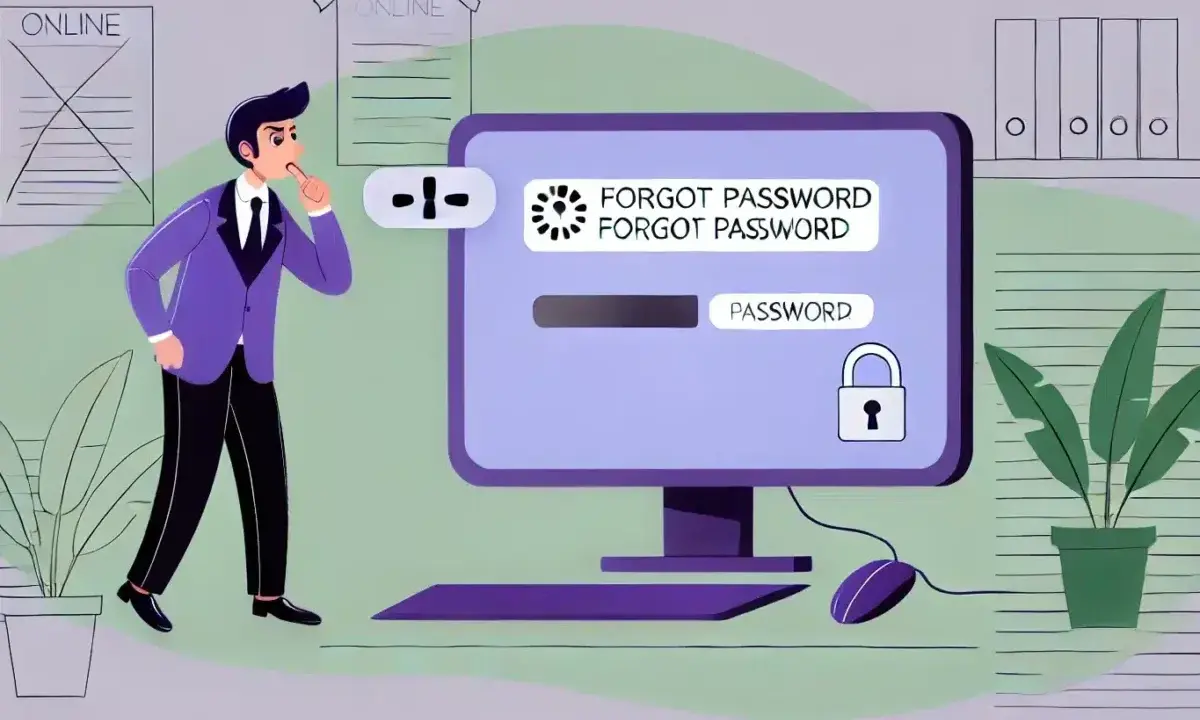 Un homme réfléchit devant un écran affichant "FORGOT PASSWORD". Un **edocperso avis** sur la sécurité des mots de passe.