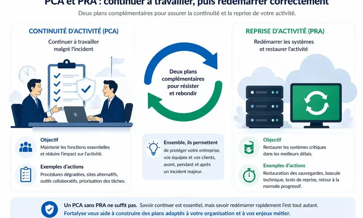 Illustration expliquant la résilience en cybersécurité avec les plans PCA et PRA pour assurer la continuité et la reprise d'activité.