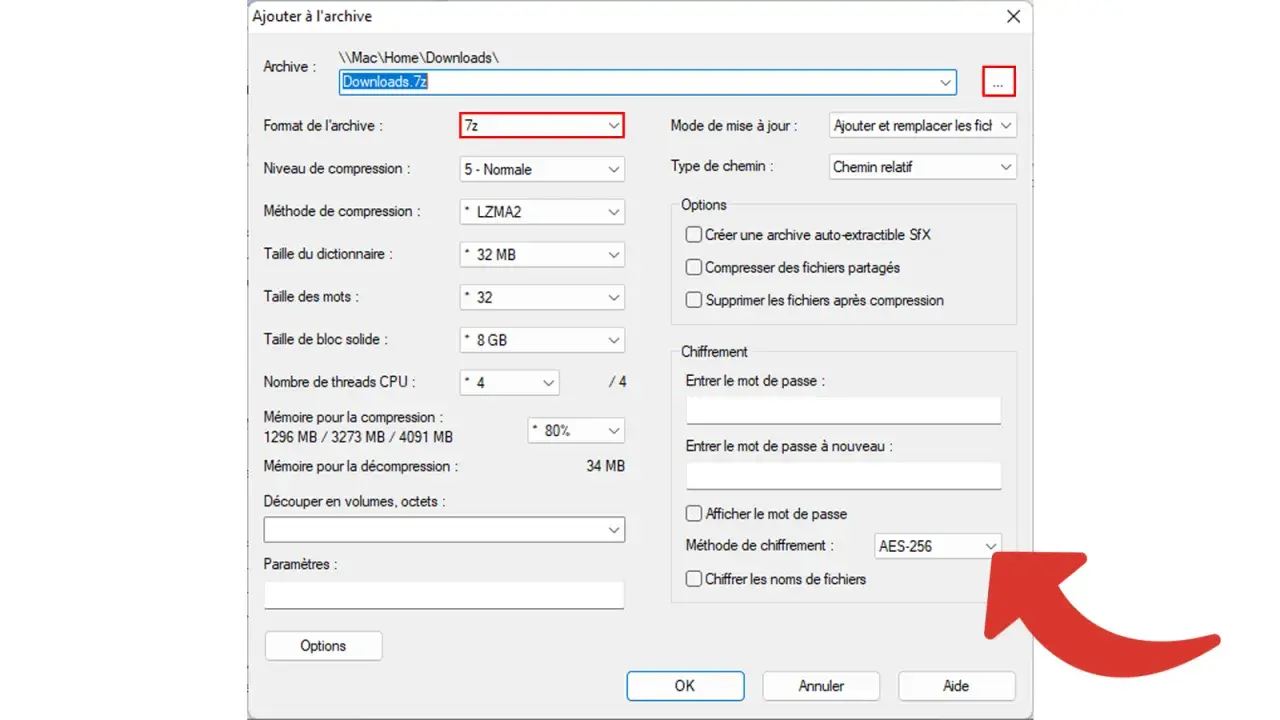Fenêtre d'ajout d'archive 7z, montrant les options de compression et de chiffrement. L'avantage format archive 7z est sa flexibilité.