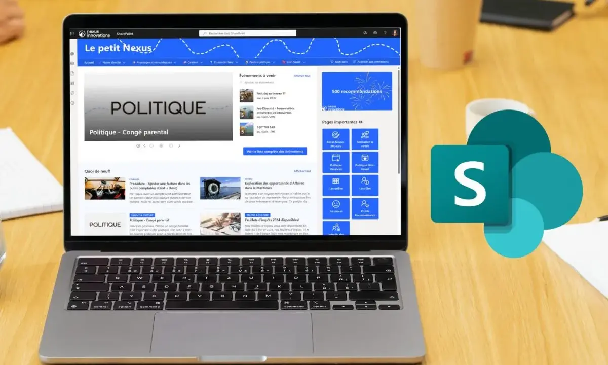 Un ordinateur portable affiche un intranet SharePoint, "Le petit Nexus", avec des articles sur la politique et des événements. Le logo de SharePoint est à côté.