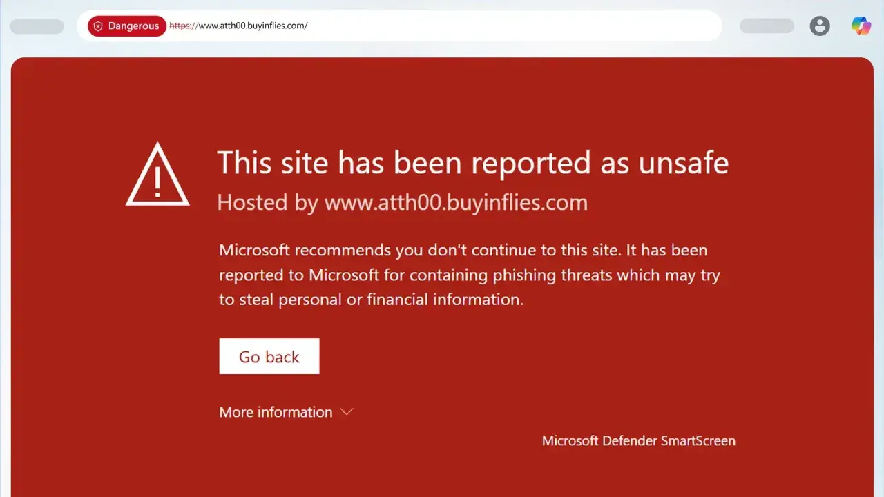 Alerte Microsoft Defender SmartScreen : ce site est dangereux et signalé comme non sûr, potentiellement pour du phishing.