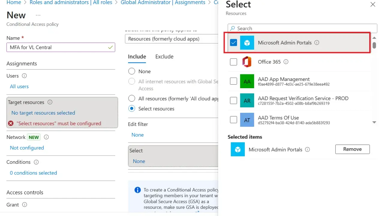 Configuration d'une stratégie d'accès conditionnel pour rendre le **Microsoft MFA obligatoire** pour les portails d'administration Microsoft.
