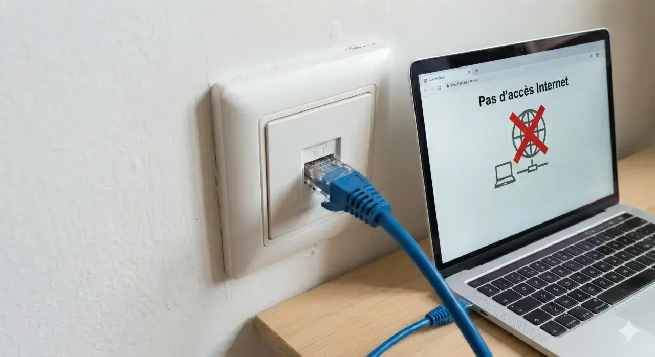 Câble RJ45 branché sur une prise murale, mais l'ordinateur affiche "Pas d'accès Internet". Problème de connexion réseau, peut-être un switch RJ45 sans alimentation.