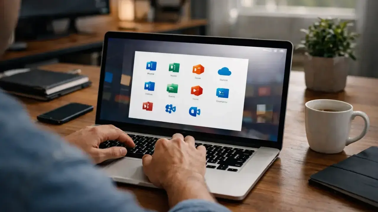 Un homme utilise un ordinateur portable affichant la grille d'applications Office 365, incluant Word, Excel et OneDrive.
