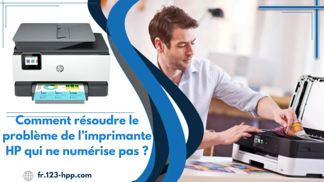 Un homme résout un problème d'imprimante HP. La documentation HP, c'est quoi ? Ce guide vous aide.