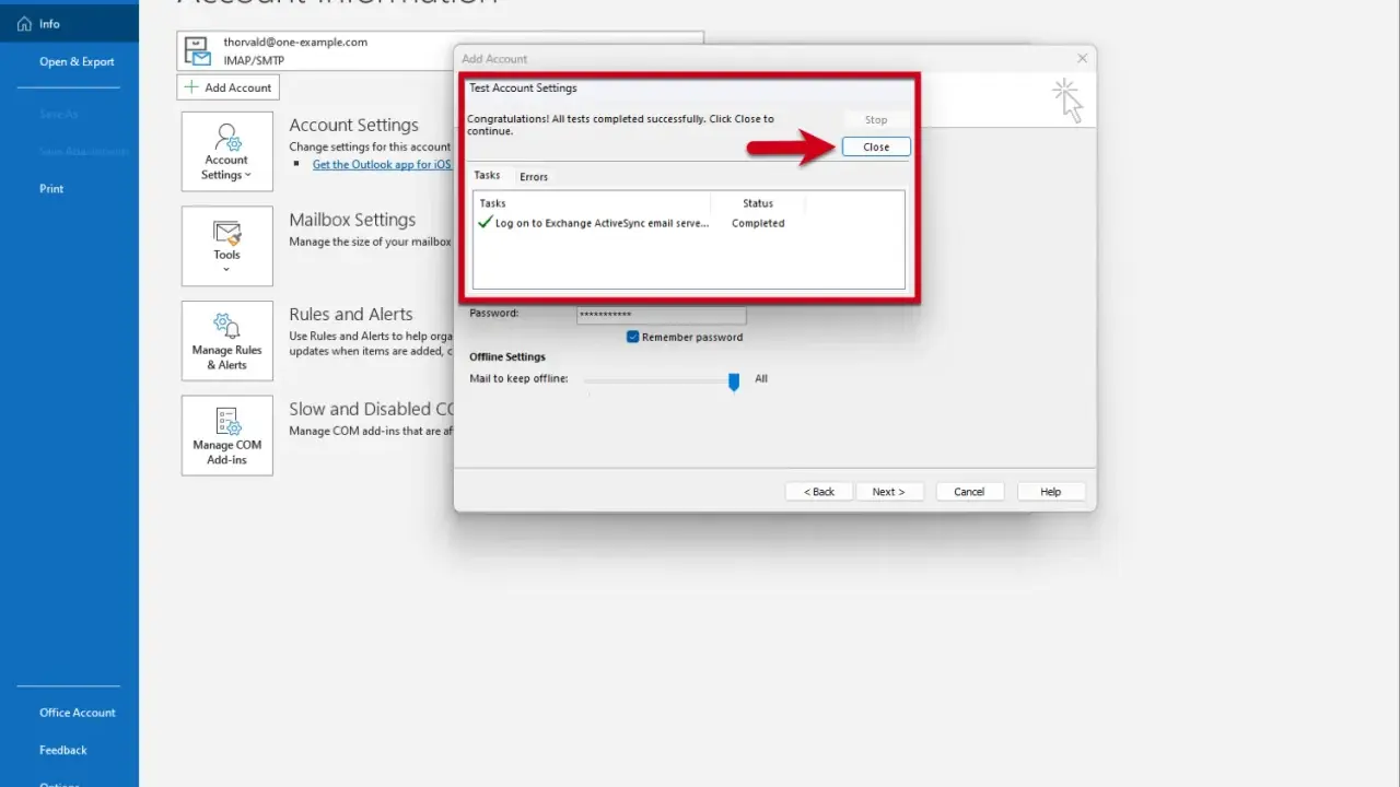 Configuration d'un compte de messagerie, type IBM Notes Mail, réussie dans Outlook. Le test de connexion est terminé.