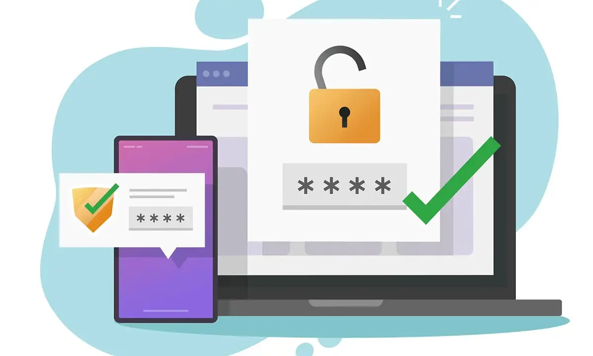 Sécurité renforcée : un cadenas ouvert et des étoiles pour le mot de passe sur un écran d'ordinateur, avec un téléphone affichant un code et un bouclier. Fin des demandes de mot de passe intempestives Office 365.