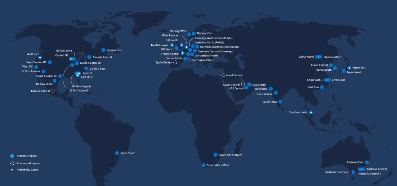 Carte des **azure regions** mondiales, montrant les centres de données disponibles et annoncés.