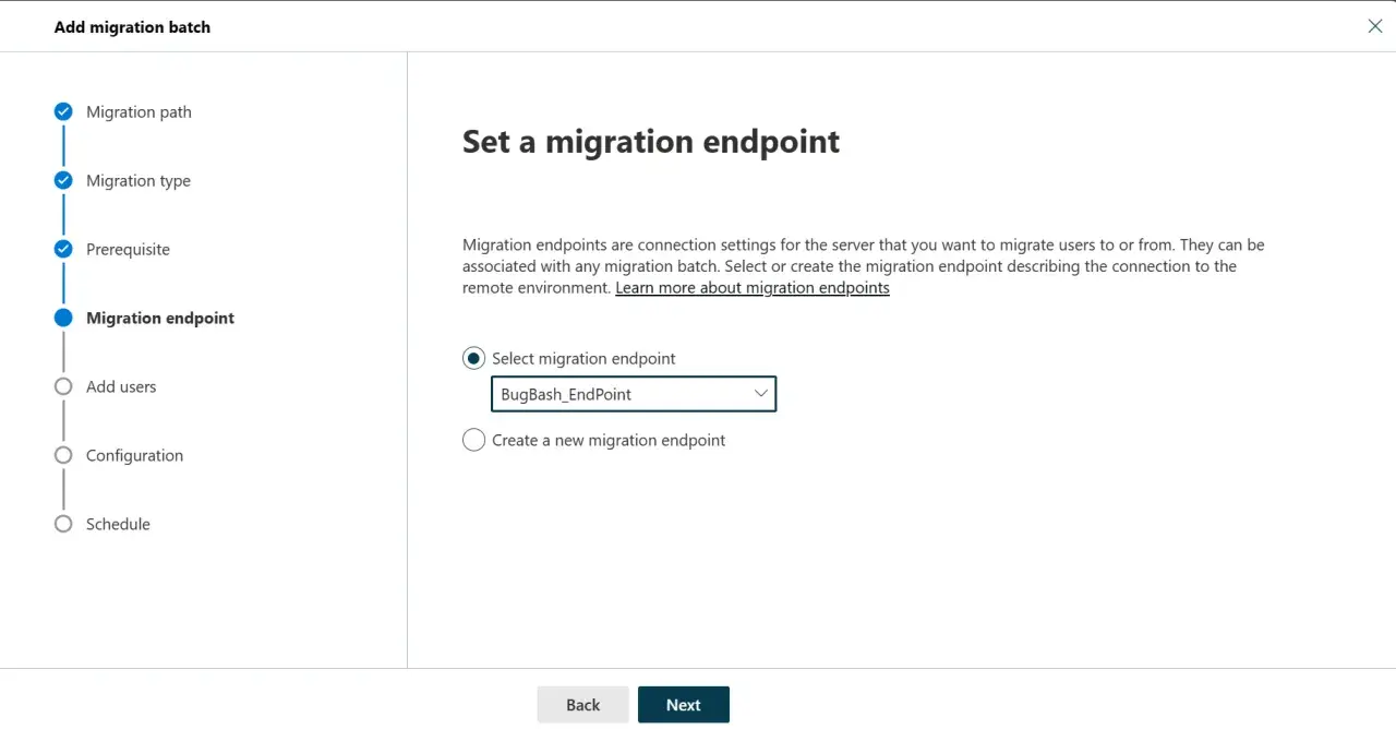 Configuration de l'endpoint pour la migration imap vers Office 365. Choix entre un endpoint existant ou la création d'un nouveau.