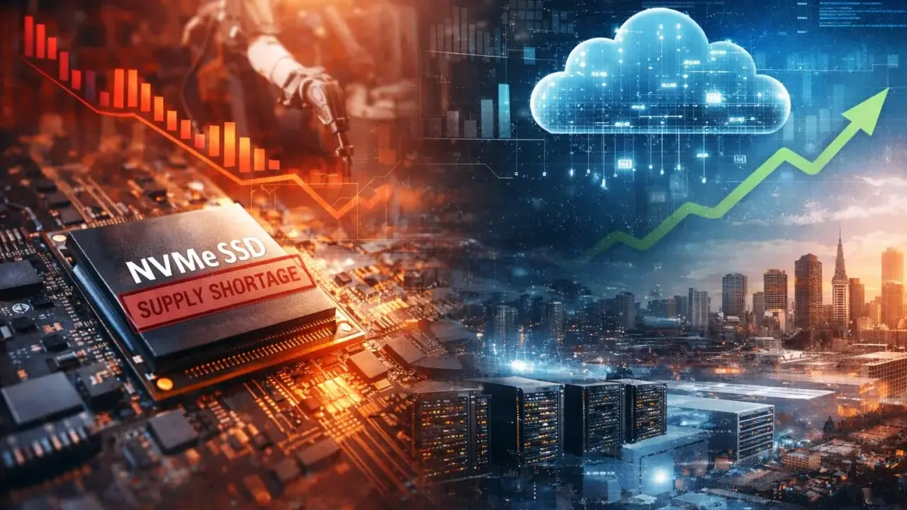 Un composant de stockage flash NVMe SSD avec "SUPPLY SHORTAGE" est superposé à une ville futuriste et un nuage symbolisant le cloud.