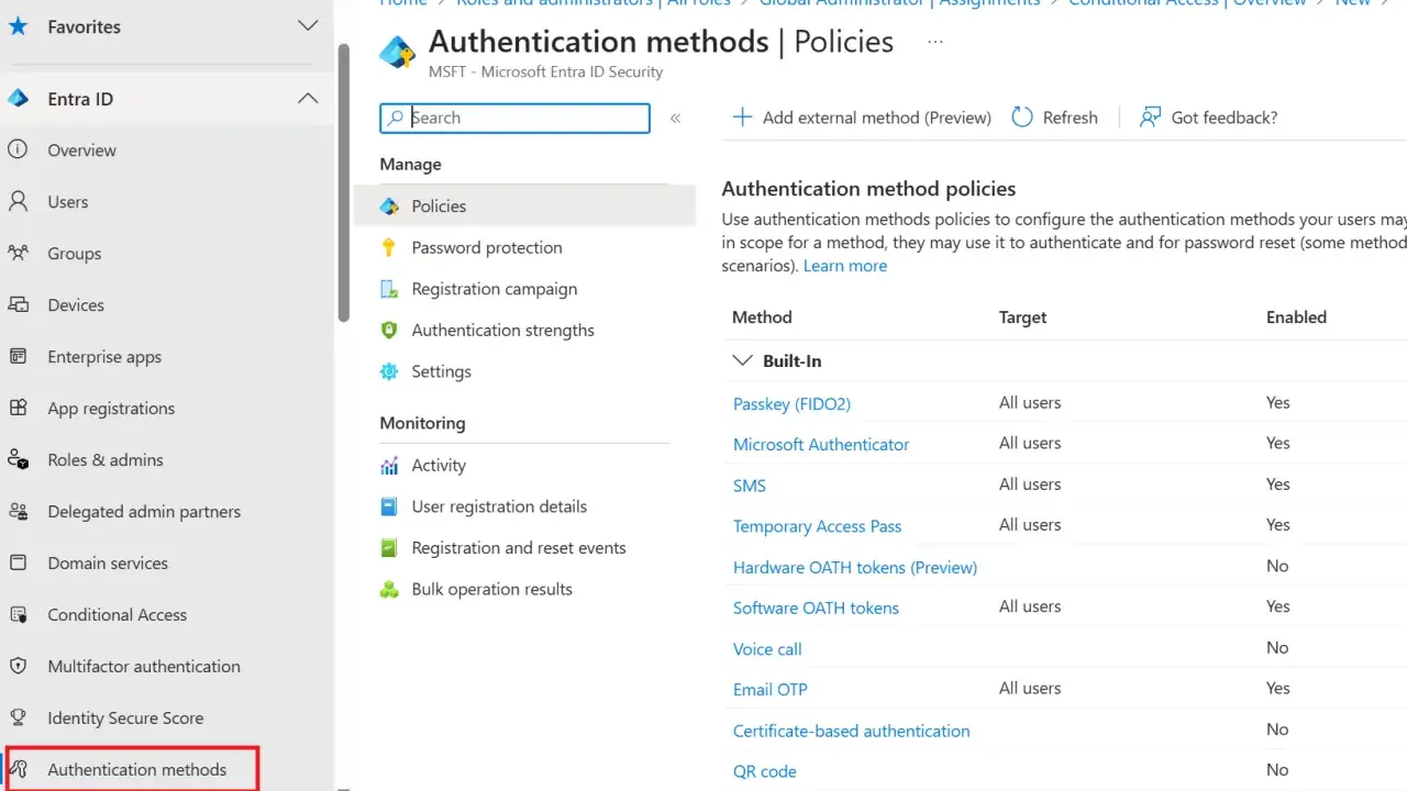 Interface Microsoft Entra ID pour configurer les méthodes d'authentification, y compris le MFA.