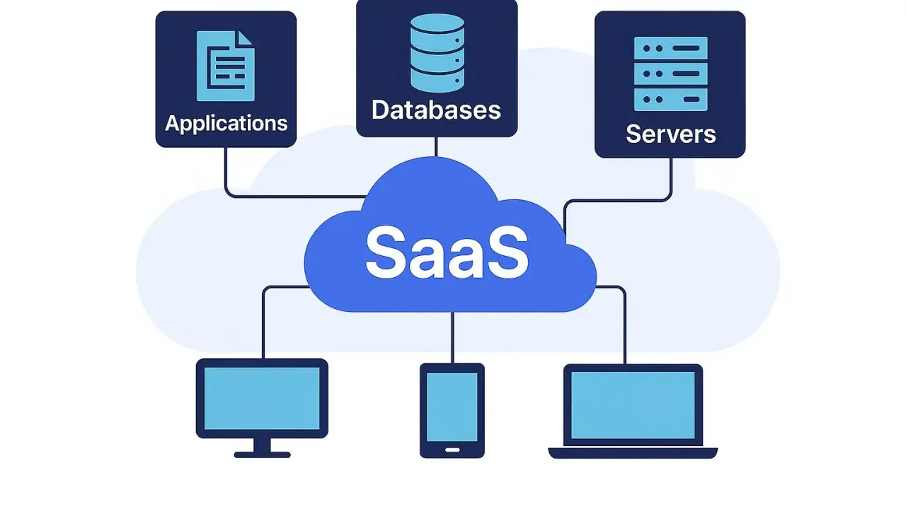 Schéma illustrant le fonctionnement cloud : applications, bases de données et serveurs connectés à un nuage SaaS, accessible via divers appareils.