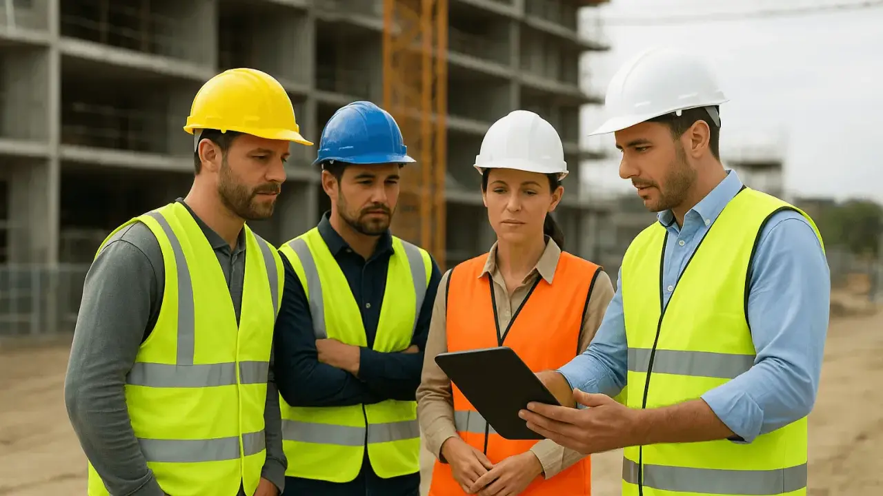 Équipe d'ingénieurs discutant sur un ged chantier, casques et gilets de sécurité, tablette à la main.