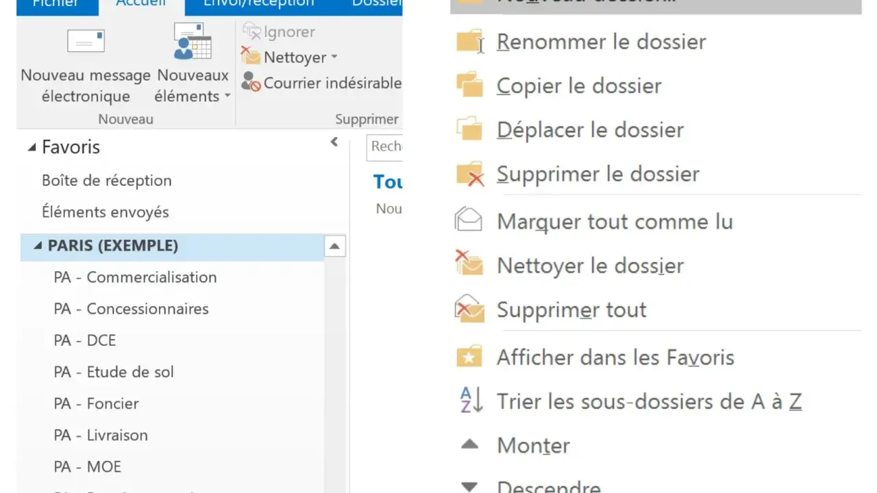 Interface d'un logiciel de messagerie montrant comment classer ses mails avec des dossiers et des options de gestion.