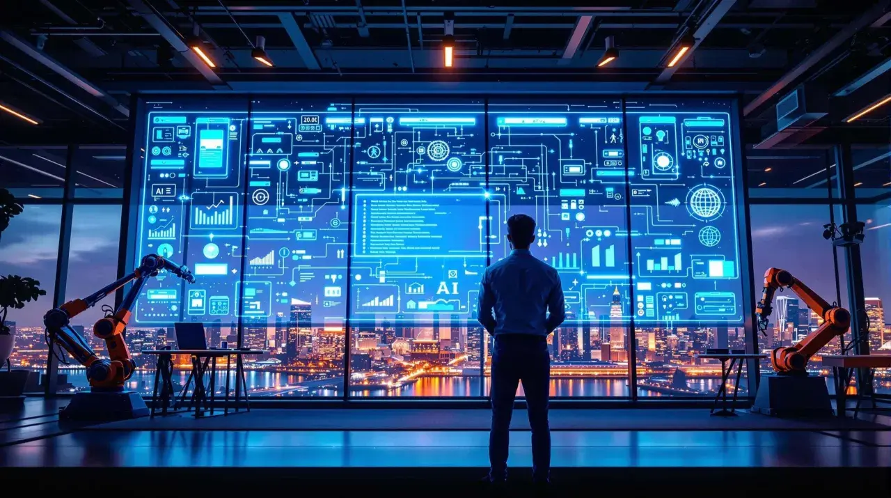 Un homme observe un écran futuriste affichant des schémas complexes et des données financières, symbolisant l'automatisation des processus robotisés (RPA) dans la finance.