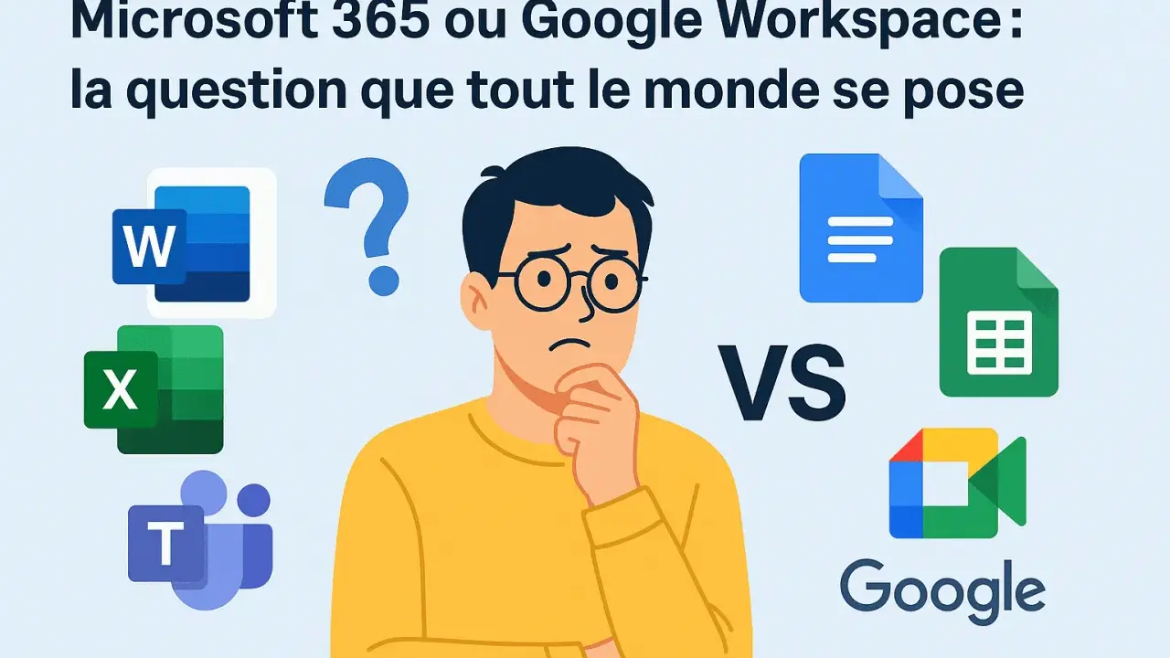 Un homme perplexe face aux logos de Microsoft 365 (Word, Excel, Teams) et Google Workspace (Docs, Sheets, Meet). Microsoft shared c'est quoi ?