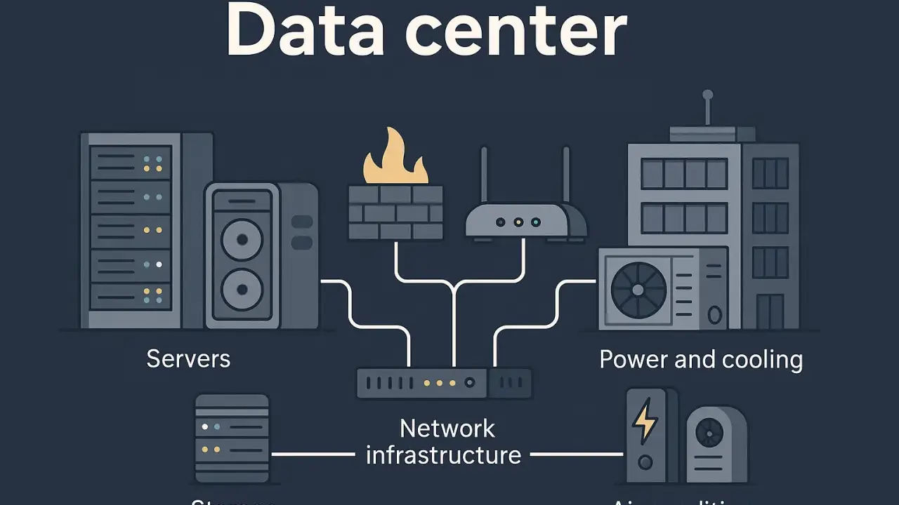 Schéma expliquant ce qu'est un data center : serveurs, stockage, infrastructure réseau, alimentation, refroidissement et climatisation.