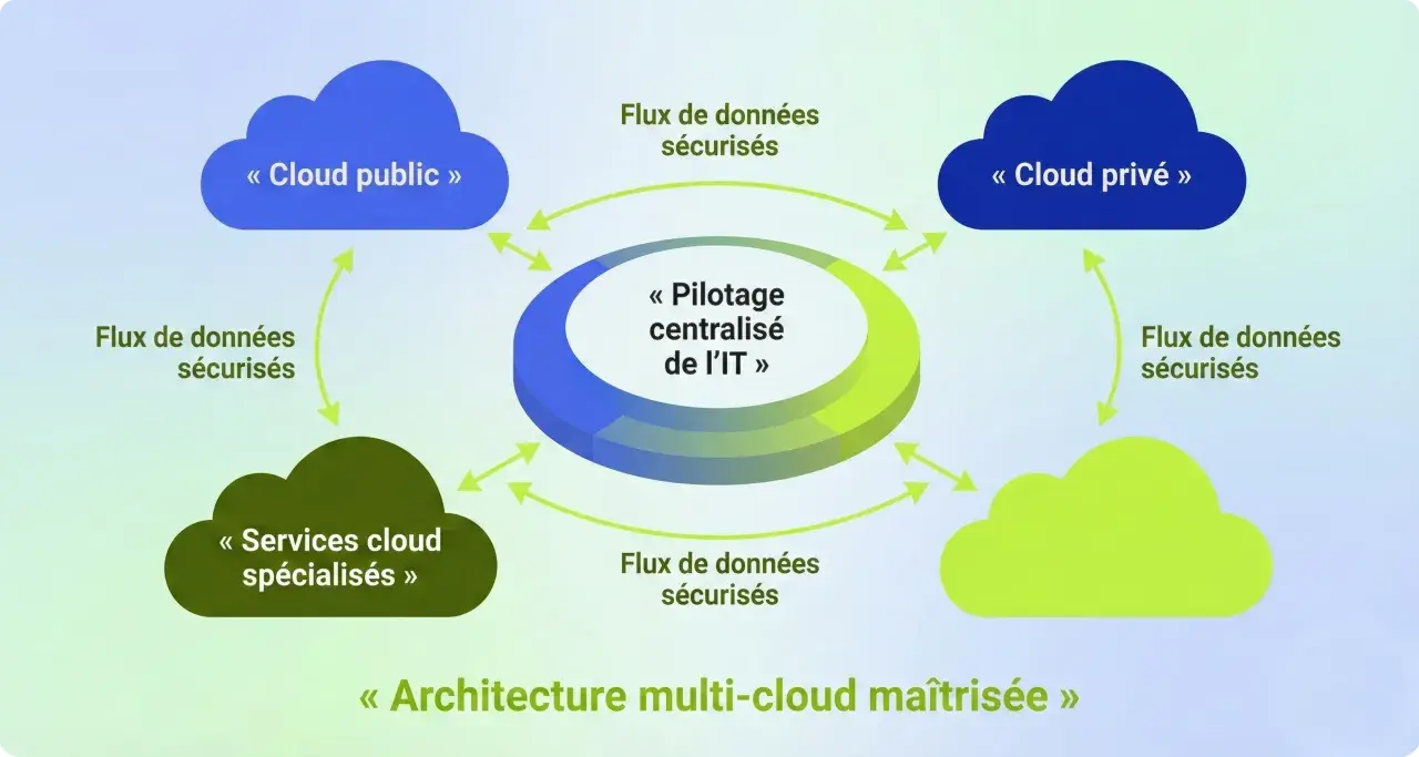Schéma illustrant le pilotage centralisé de l'IT dans une architecture multi-cloud maîtrisée, avec des flux de données sécurisés entre cloud public, privé et services spécialisés.