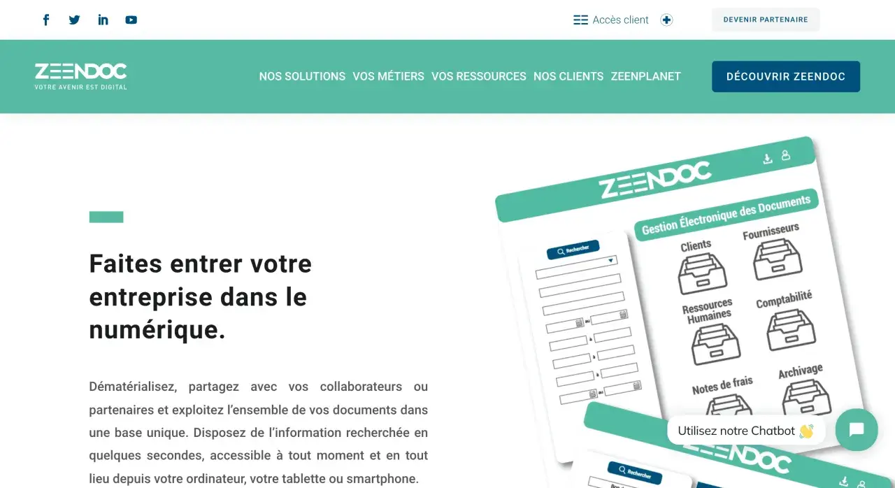 Exemple d'indexation de documents pour une gestion électronique efficace. Le système Zeendoc organise les fichiers par catégories : clients, fournisseurs, RH, comptabilité, notes de frais, archivage.